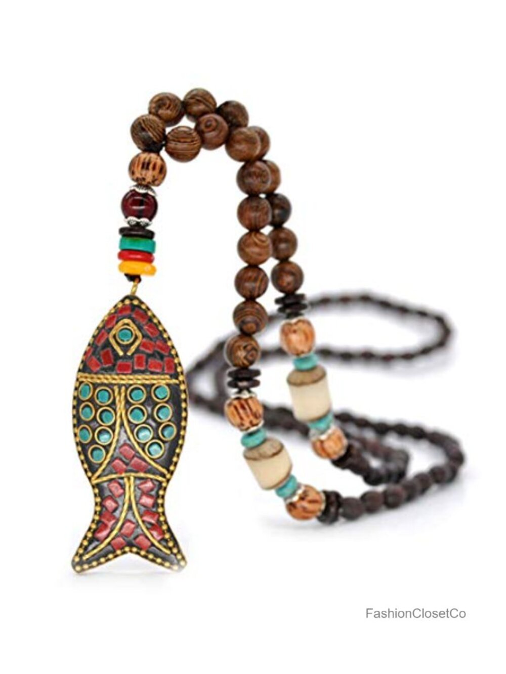 Vintage Long Necklace Synthetic Turquoise Wood Beads Pendant Boho